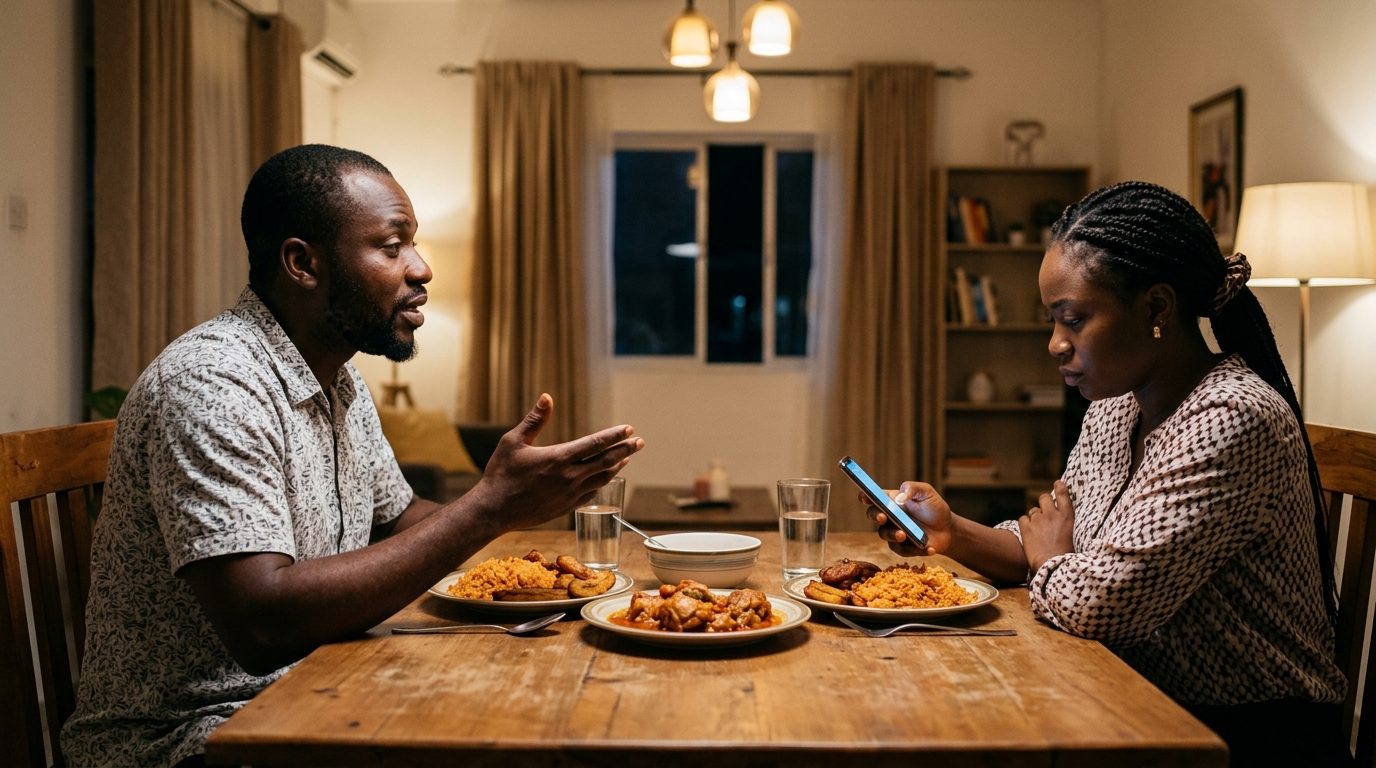Couple at dinner table, he speaks, she looks away